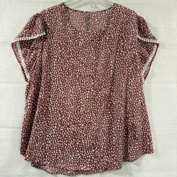 Plus Size 4X Mauve Pink Dot Print Flutter Sleeve Blouse Crochet Trim Top NWOT - Picture 7 of 7